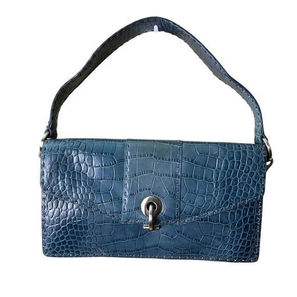 NWT Ann Taylor Blue Croc Embossed Leather Top Handle Bag Handbag Purse - Picture 1 of 11